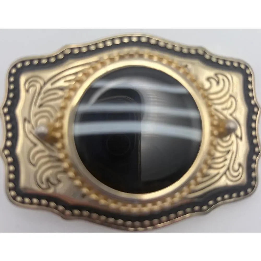 Western Style Gold-tone Belt Buckle with Center Black Cabochon Stone